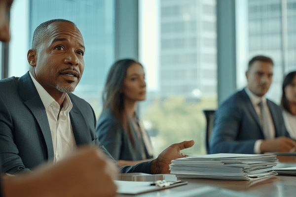 Multiple business people talking at a boardroom table with lots of documents under review