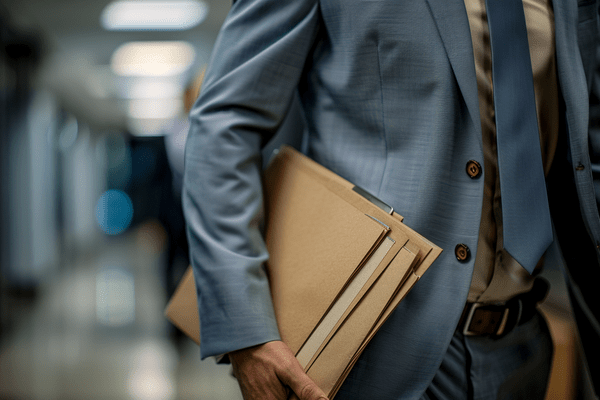 Manila folders tucked under a businessman's arm as he walks through the office