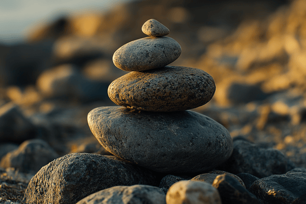 multiple rocks stacked into a cairn on a trail at sunset