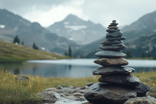 a large amount of rocks stacked into a cairn next to an alpine lake