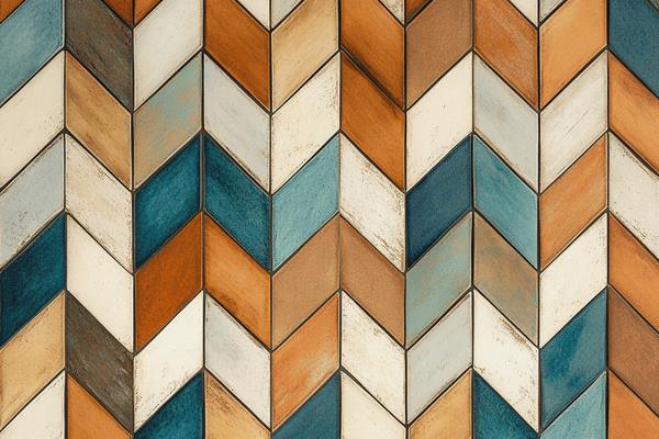 A chevron tile pattern in shades or blues, oranges, and creams