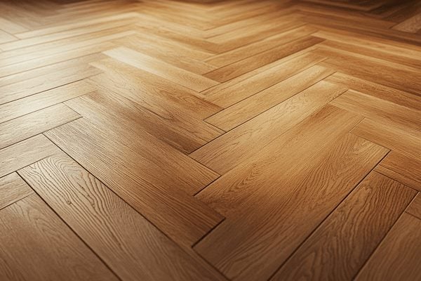 An angled view of a wooden floor in a chevron pattern