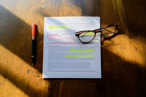 A contract and a pair of eyeglasses resting on a wooden desk, with portions of the contract highlighted in yellow and other portions marked up in red ink