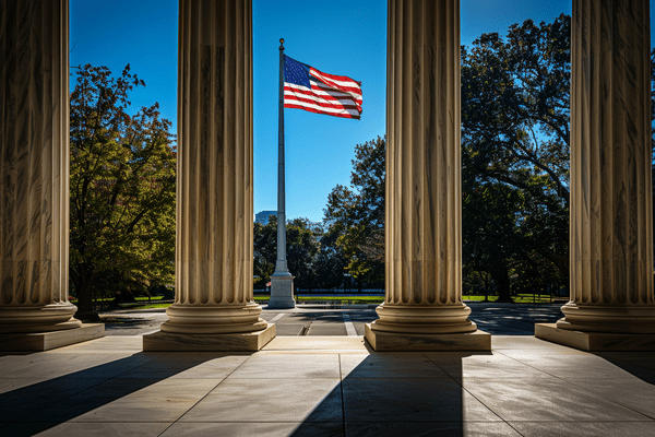 An American flag flies in front of a columned courthouse