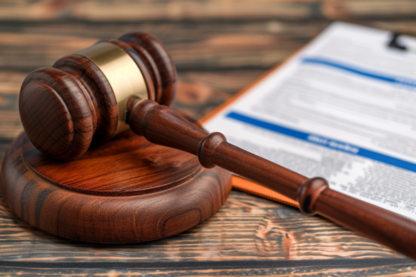 A gavel laying next to a document on a desk