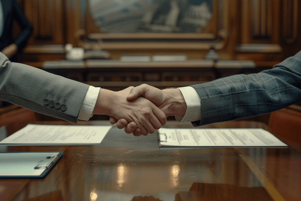 Two businesspeople shaking hands over a desk with paperwork on both sides