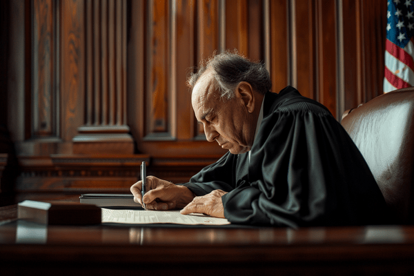 A judge reads and signs paperwork while sitting at his desk