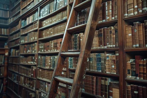 A wooden ladder leans against a tall wall of legal books