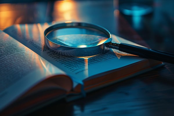 A magnifying glass lays across a book on a desk