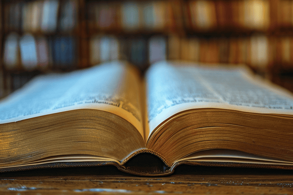 A close-up image of an open book on a library table