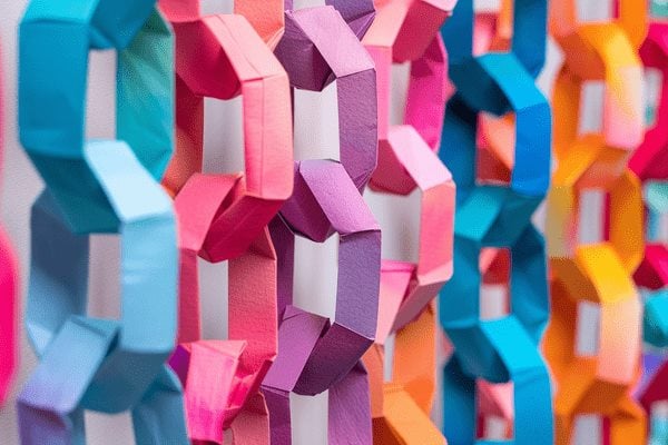 A close-up image of colorful paper chains hanging next to each other