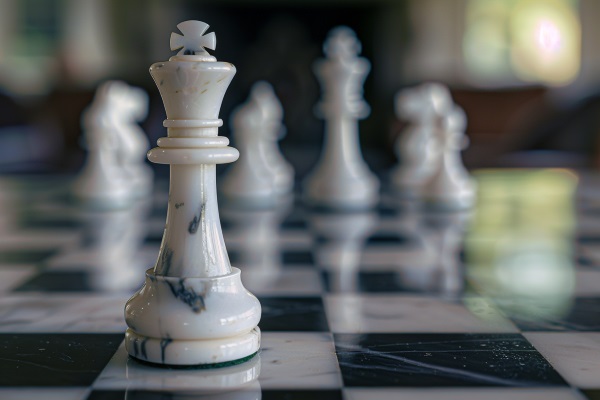 A marble queen chess piece on a board with other pieces in the background