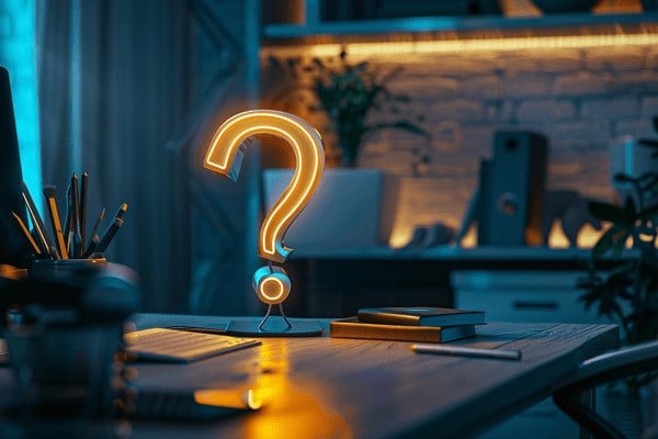 A neon question mark hovers over an office desk