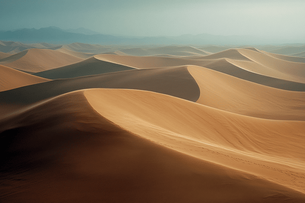 Layers of sand dunes stretching toward the horizon in a desert