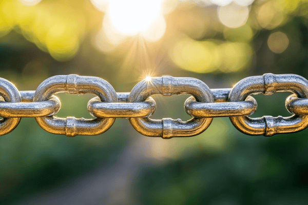 A strong metal chain shines in the sunlight outside