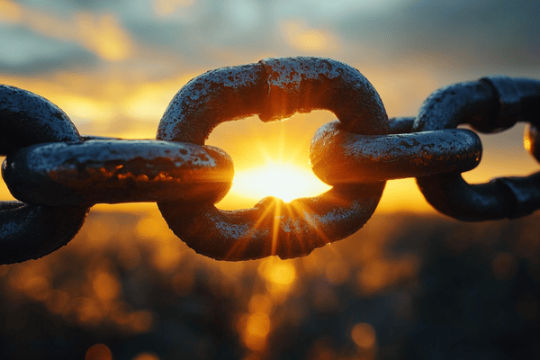 A close-up image of a link in a metal chain with sunlight shining through it