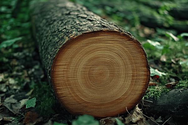 Tree rings on a cut log laying on a green forst floor