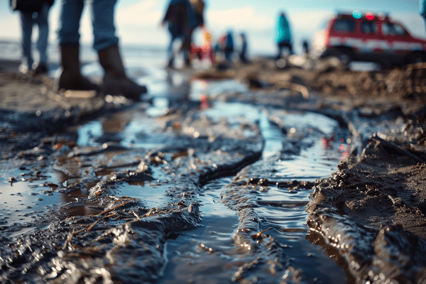 Cleanup crew stands around an oil spill