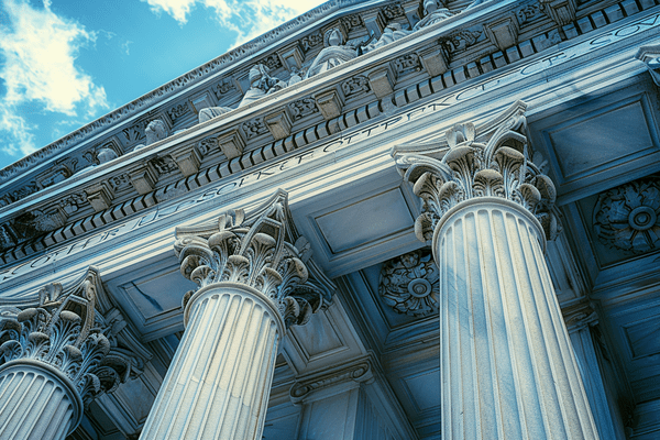 The top of columns on a courthouse against blue sky