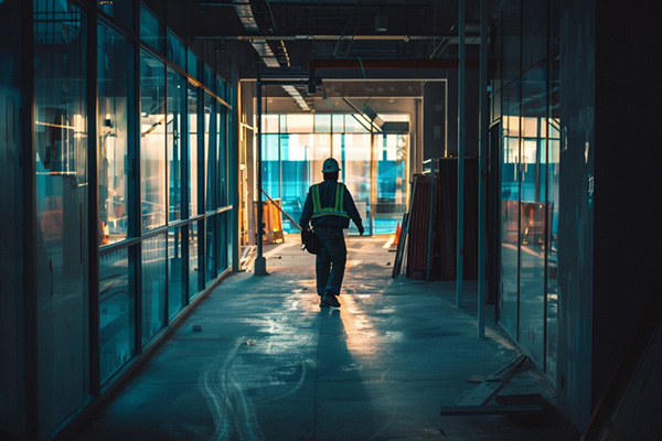 A construction worker walking a dark hallway at a construction site.