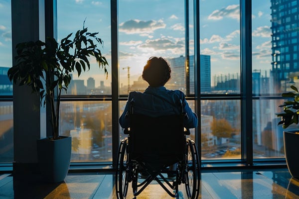 Businesswoman sitting in a wheelchair looking out the window.