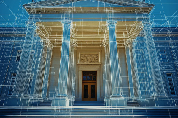 The front of a court house, with blueprint schematics overlaid on the court house facade