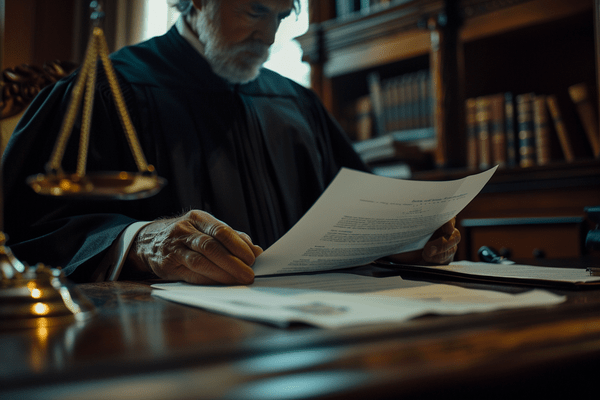 A robed judge reviews paperwork at his office desk