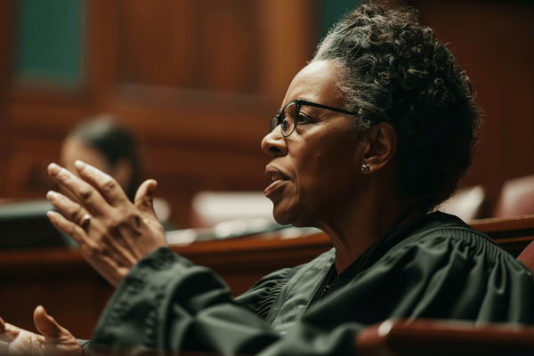 A woman judge speaks to a courtroom