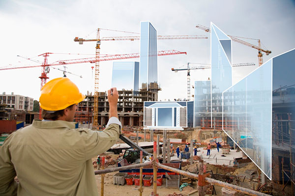 A foreman pointing at a construction site with buildings drawn over the site