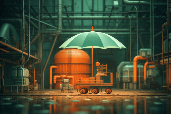 Light blue umbrella over a mini orange factory