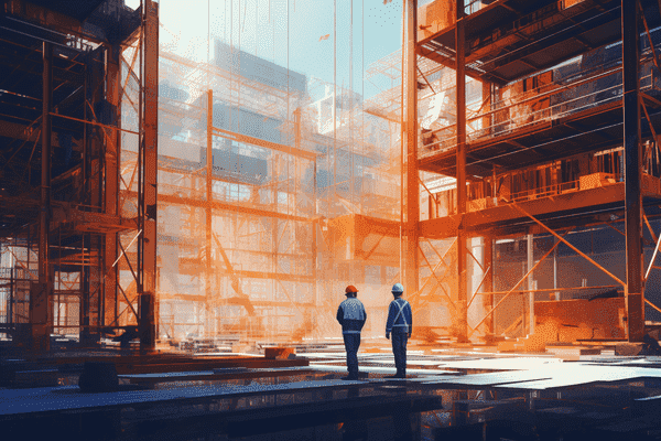 Abstract image of two construction workers walking thru a construction site.