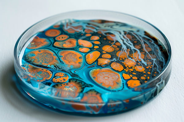 Petri dish with blue and orange mold.