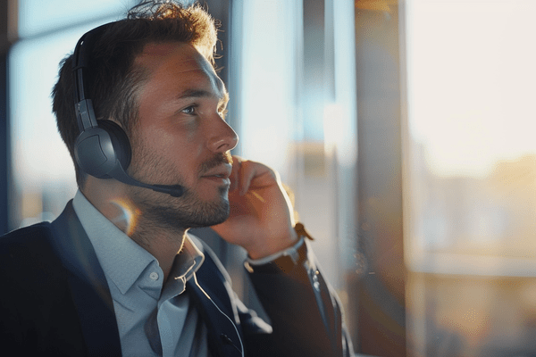 A businessman takes a call on a headset in a sunlit call center office
