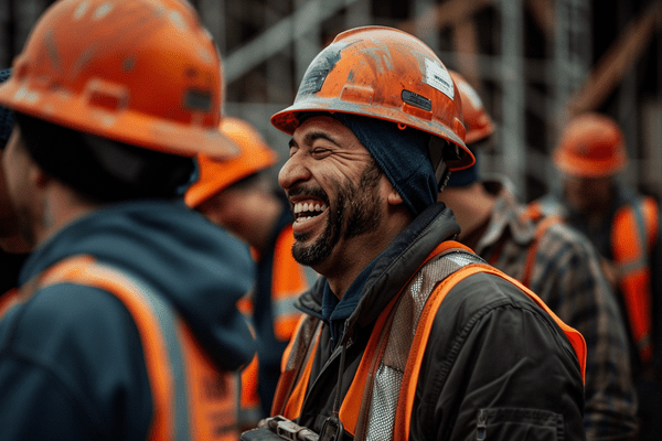A construction worker laughing among coworkers on a jobsite