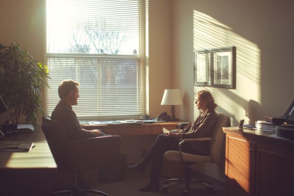 mental health professional speaking with a patient in an office