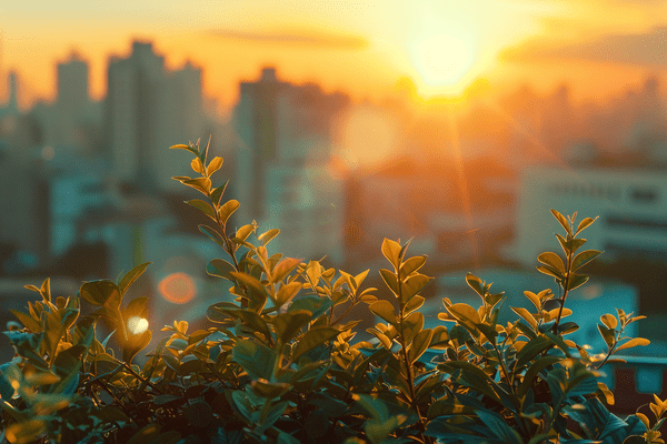 The sun rises over a city and makes plants in the foreground shine