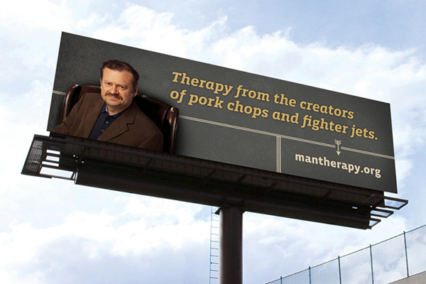 Mantherapy.org billboard with the words therapy from the creators of pork chops and fighter jets