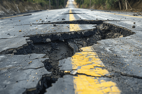 Asphalt damage on a road due to an earthquake