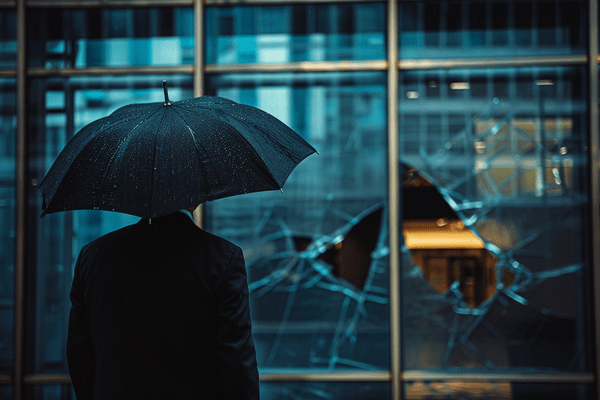A businessman uses an umbrella while looking at commercial damage to an office window