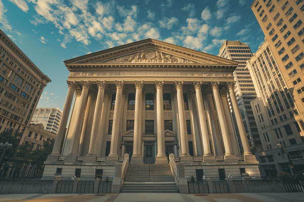 The front of a columned courthouse in a downtown city