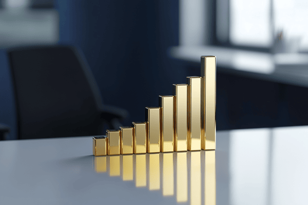 An increasing three-dimensional bar graph made of gold bars stands on an office desk