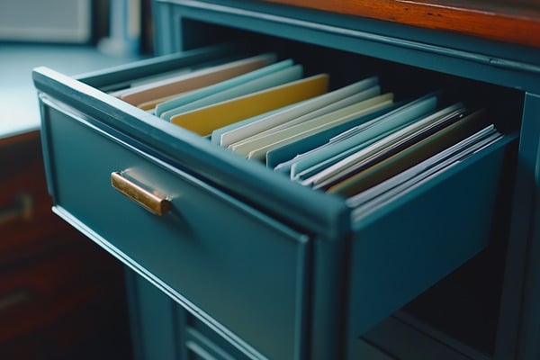 An open filing cabinet drawer with lots of files inside