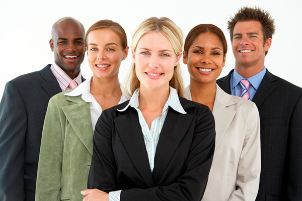 Three women and two men in suits