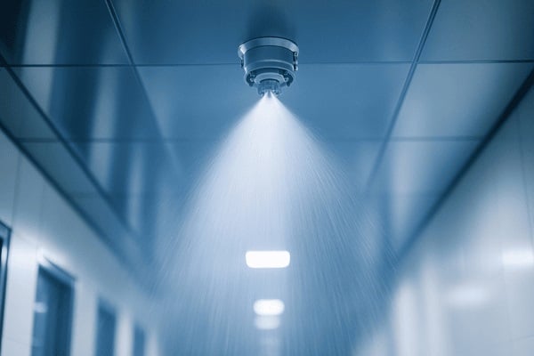 Closeup of a fire sprinkler nozzle in the ceiling of an office building spraying water