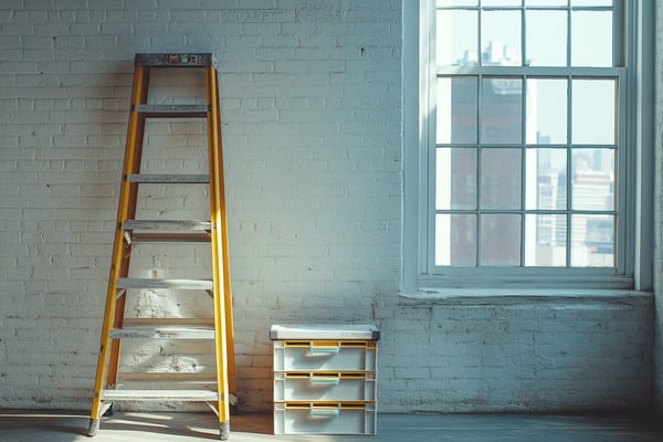 A ladder leaning against a wall in a loft, next to a window overlooking the city