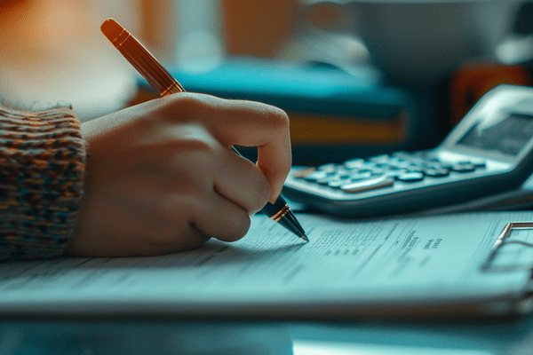 A businesswoman's hand writes on paperwork while a calculator sits nearby