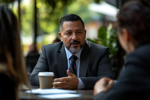 An insurance agent wearing a suit and sitting at a table with papers and a coffee cup in discussion with two of his clients