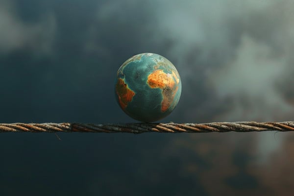 A small globe balances on a tightrope