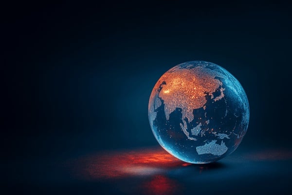 A globe shows Asia against a dark background with orange and red lights glowing