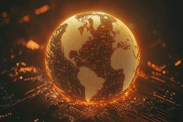 An orange globe sitting on type of a cyber network